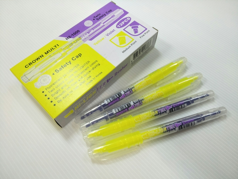 ปากกาเน้นข้อความ 2 สี Crown Multi H2-1000 Hi-Lighter Fluorescent ink (เหลือง/ม่วง)