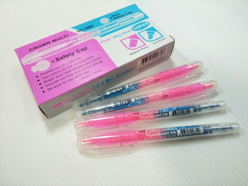 ปากกาเน้นข้อความ 2 สี Crown Multi H2-1000 Hi-Lighter Fluorescent ink (ชมพู/ฟ้า)